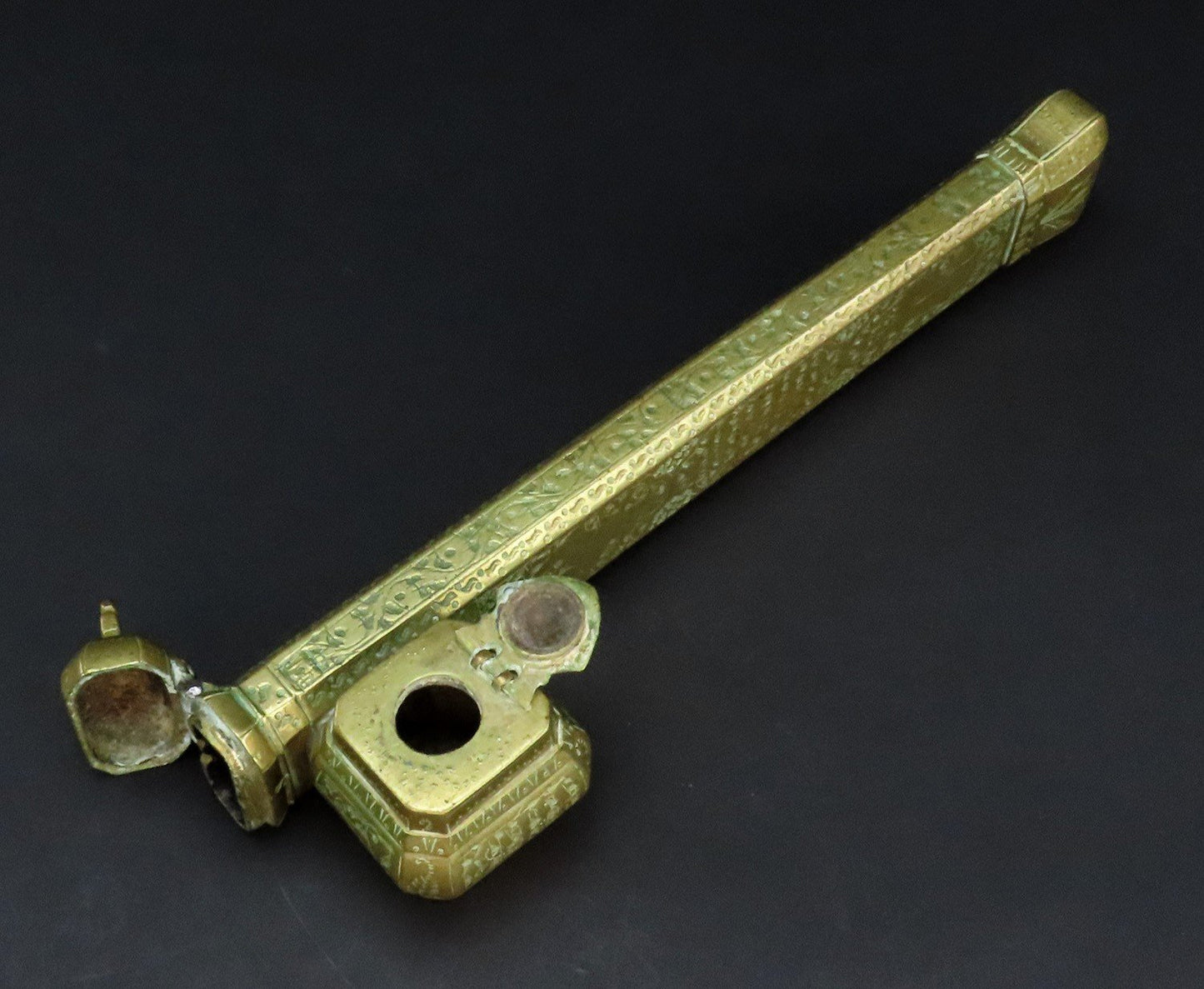 Ottoman Empire Turkish Antique Traveling Scribe Brass Box Quill Pen Inkwell Case