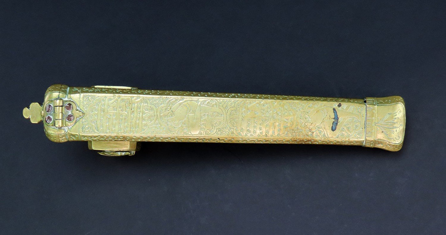 Ottoman Empire Turkish Antique Traveling Scribe Brass Box Quill Pen Inkwell Case