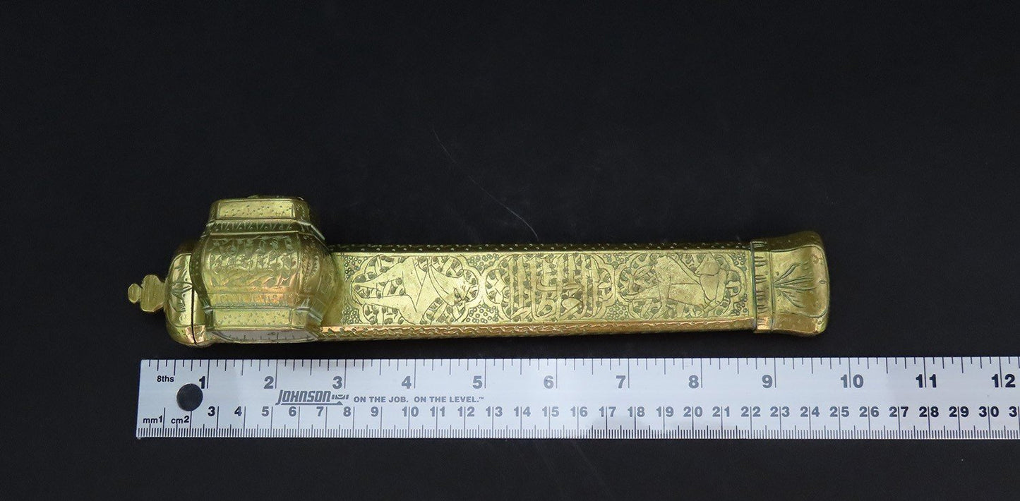 Ottoman Empire Turkish Antique Traveling Scribe Brass Box Quill Pen Inkwell Case