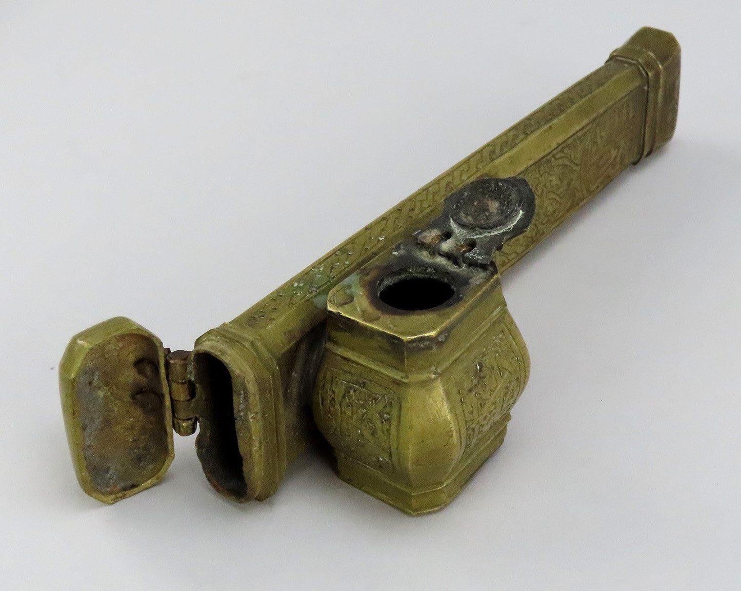 8" Antique Ottoman Turkish Traveling Scribe Brass Box Quill Pen Inkwell Case