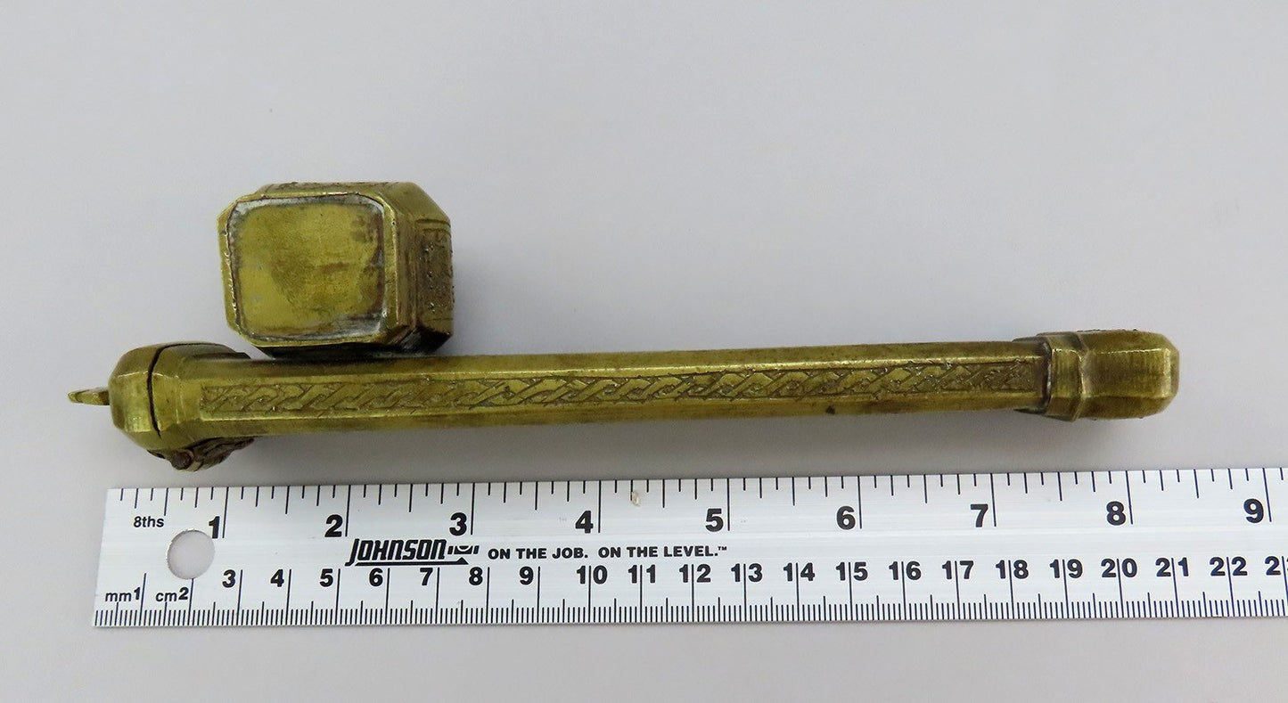 8" Antique Ottoman Turkish Traveling Scribe Brass Box Quill Pen Inkwell Case