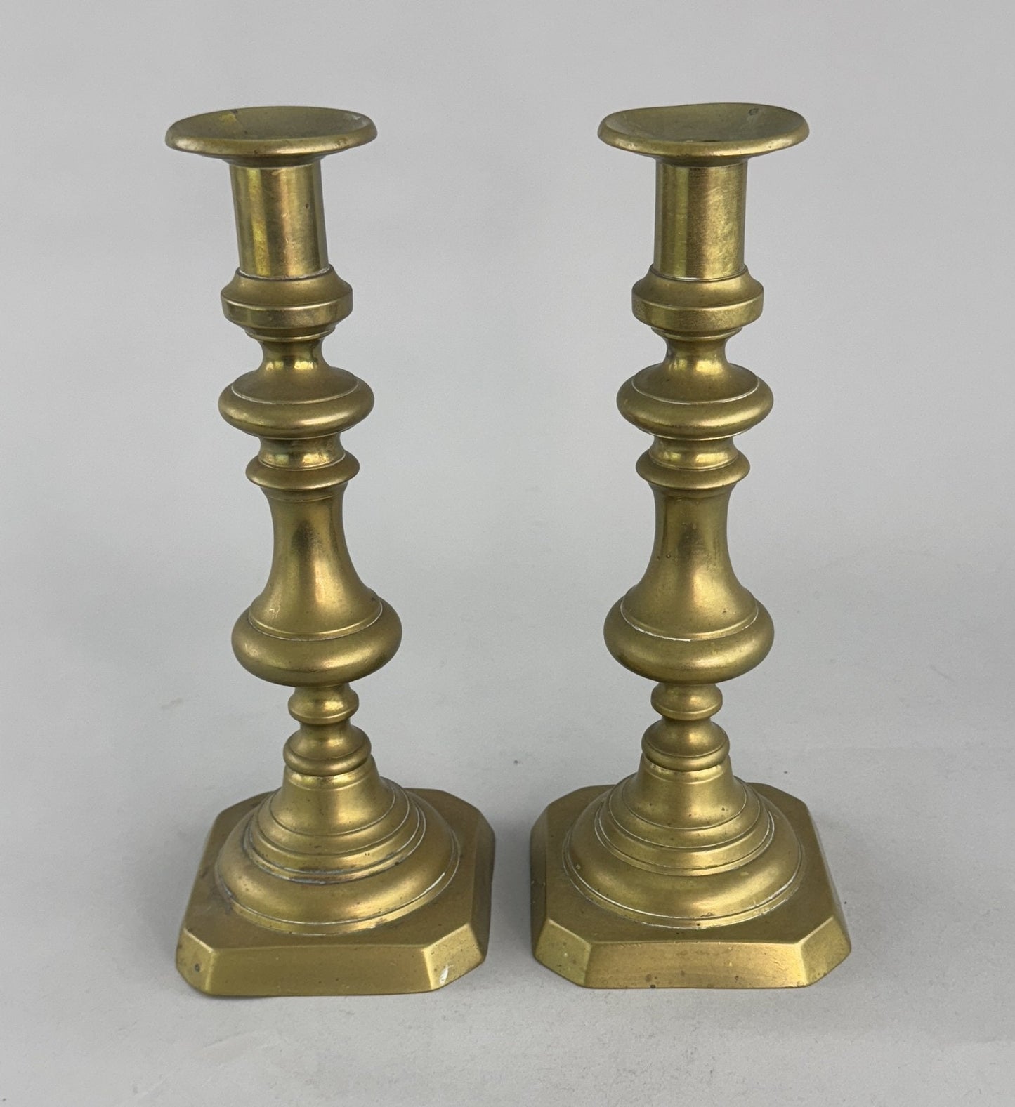 Great Pair c1850s English Victorian Brass Push Up 10.5" Candlestick Holders