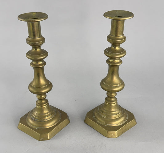 Great Pair c1850s English Victorian Brass Push Up 10.5" Candlestick Holders