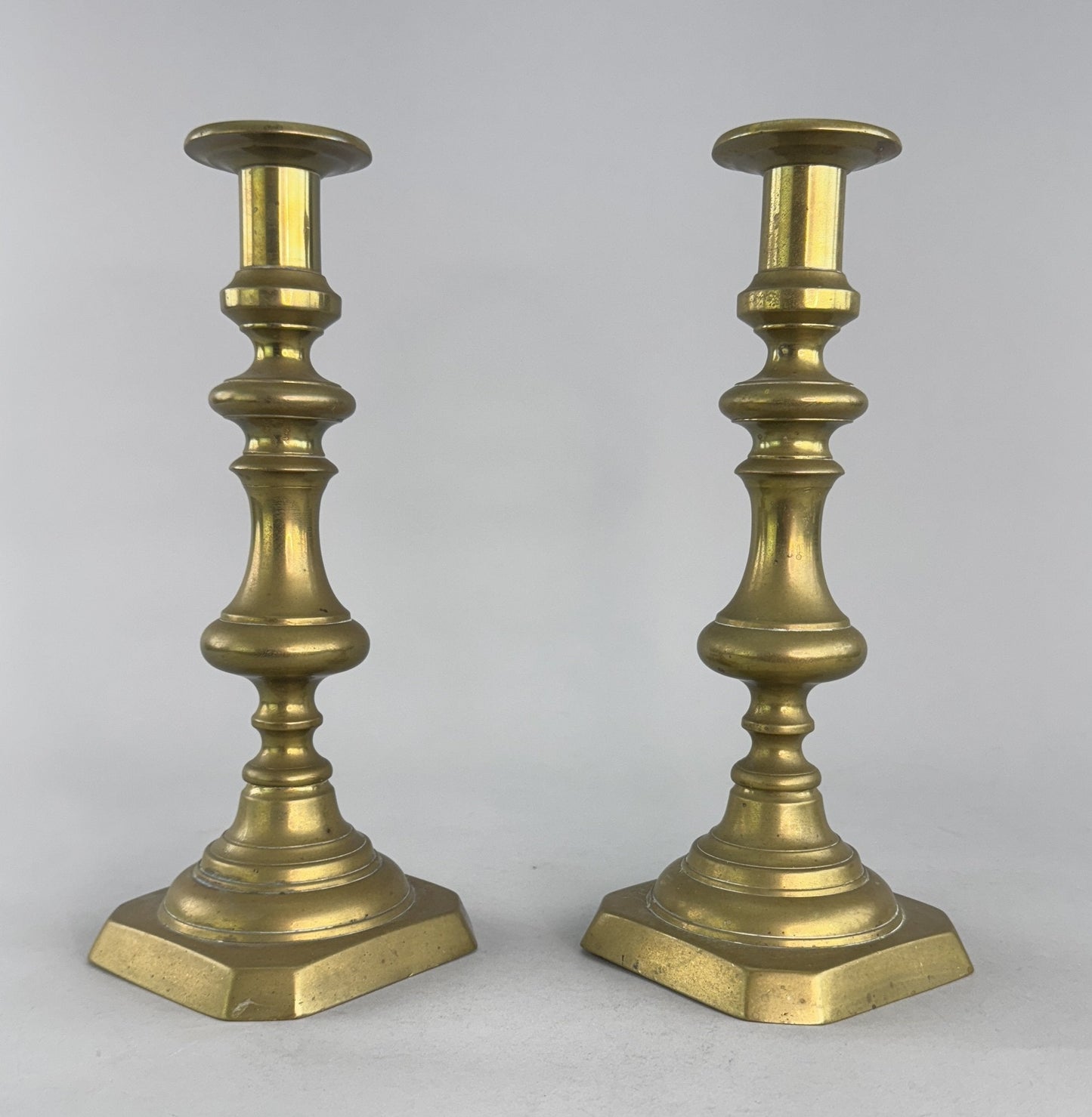 Great Pair c1850s English Victorian Brass Push Up 10.5" Candlestick Holders