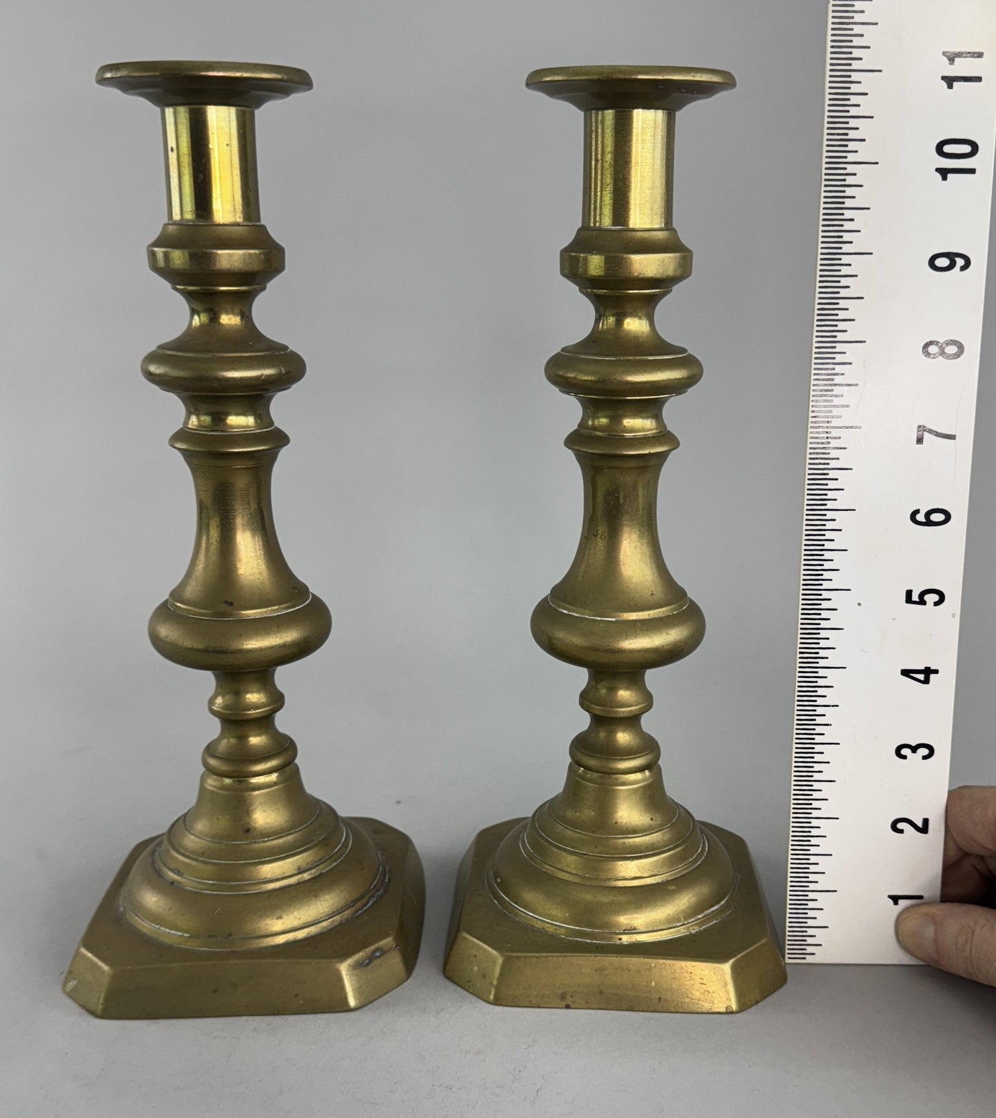 Great Pair c1850s English Victorian Brass Push Up 10.5" Candlestick Holders
