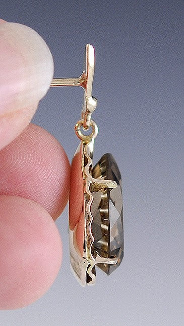 Gorgeous Pair 14K Yellow Gold and Faceted Smoky Quartz Drop Dangle Earrings