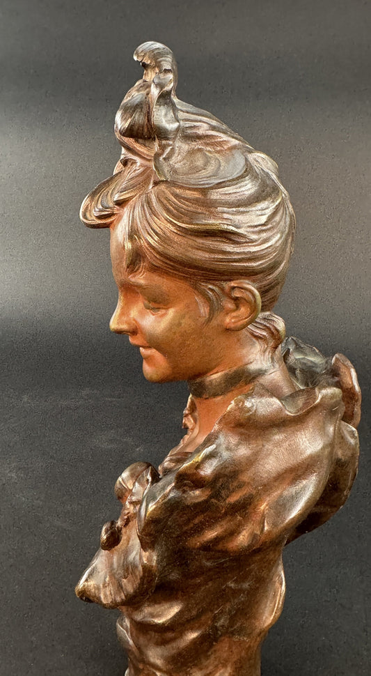 Lovely French Art Nouveau Bronze Bust of a Young Woman Victor Bruyneel