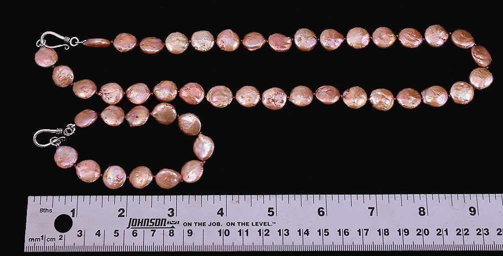 Copper Colored Coin Shaped Pearl Necklace, and Bracelet w/ Silver Clasps