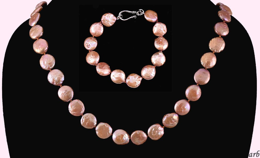 Copper Colored Coin Shaped Pearl Necklace, and Bracelet w/ Silver Clasps