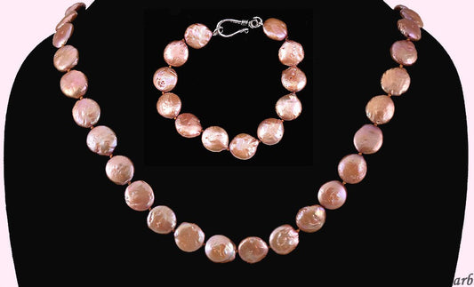 Copper Colored Coin Shaped Pearl Necklace, and Bracelet w/ Silver Clasps