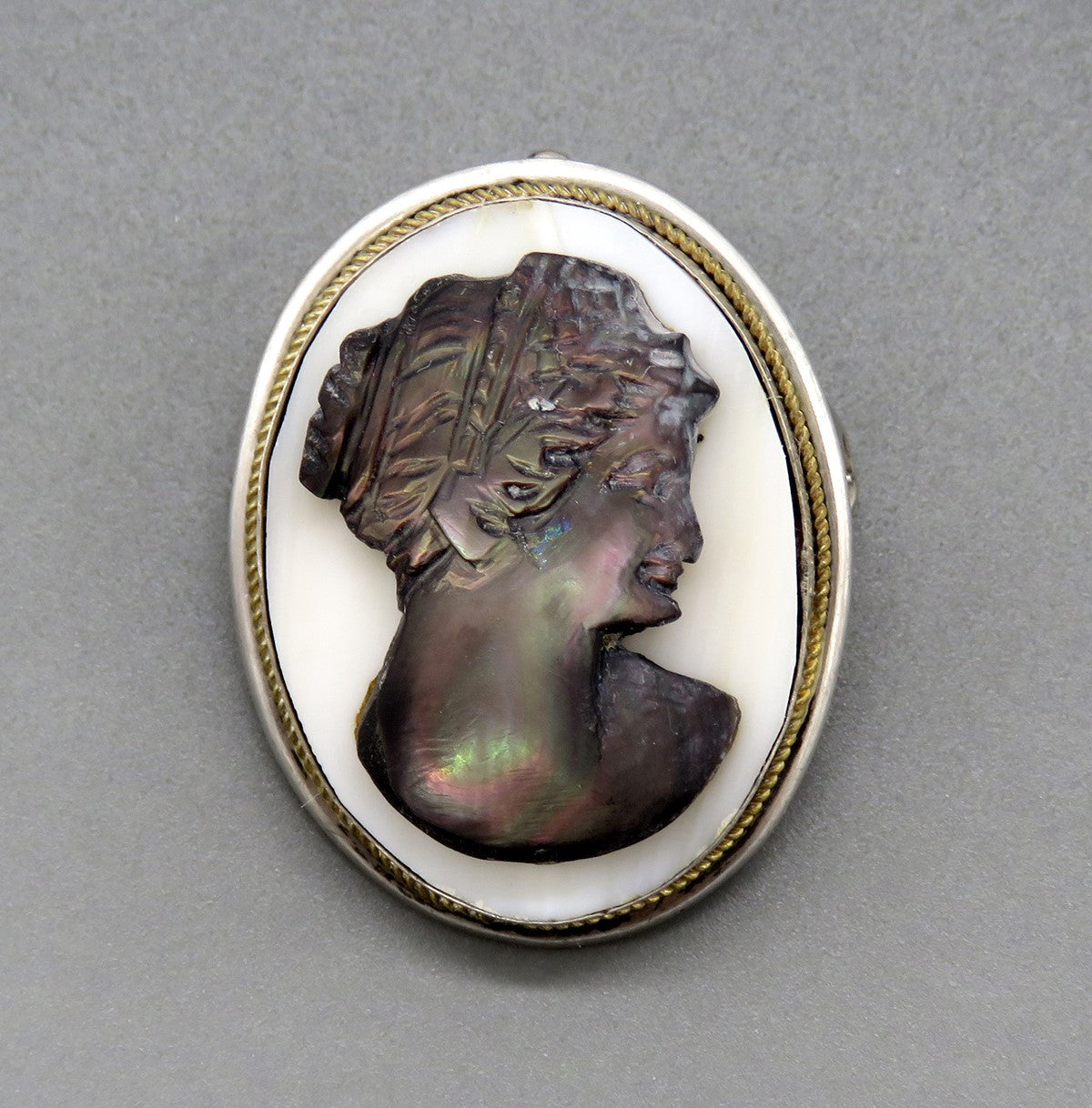 Lovely VTG Italian 800 Silver Abalone MOP Cameo Pin Brooch Pendant
