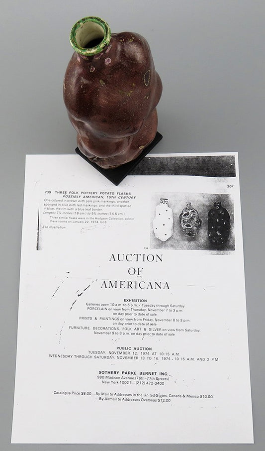 Rare c1820s-1860s American Folk Art Pottery Potato Flask Brown w Green and Pink