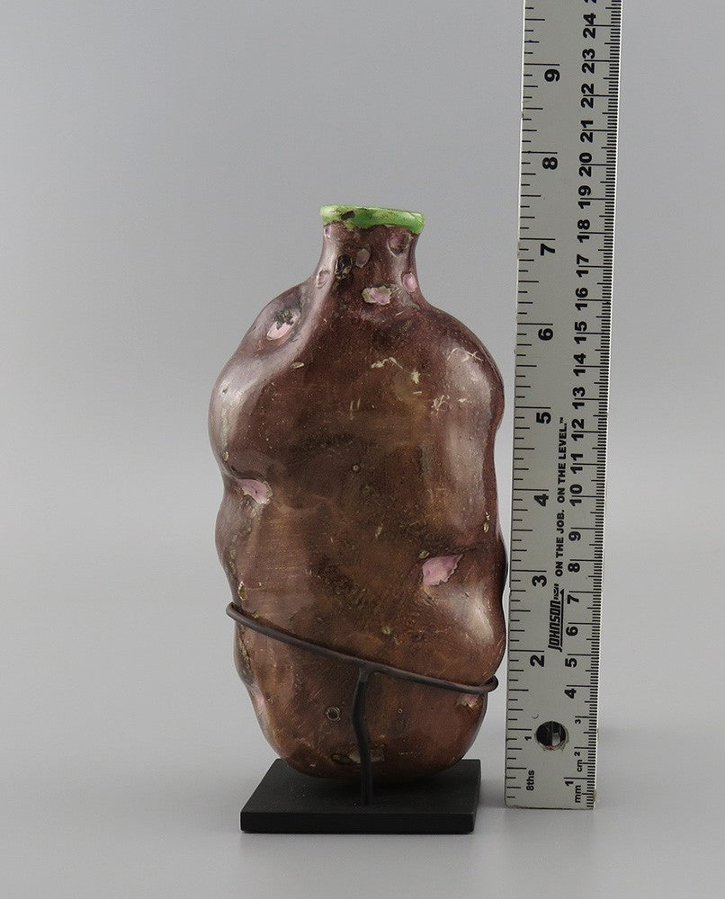 Rare c1820s-1860s American Folk Art Pottery Potato Flask Brown w Green and Pink