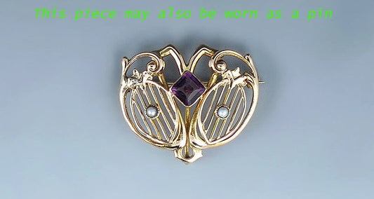 Charming Old c1900 10k Yellow Gold/Purple Glass Seed Pearl Art Nouveau Pin