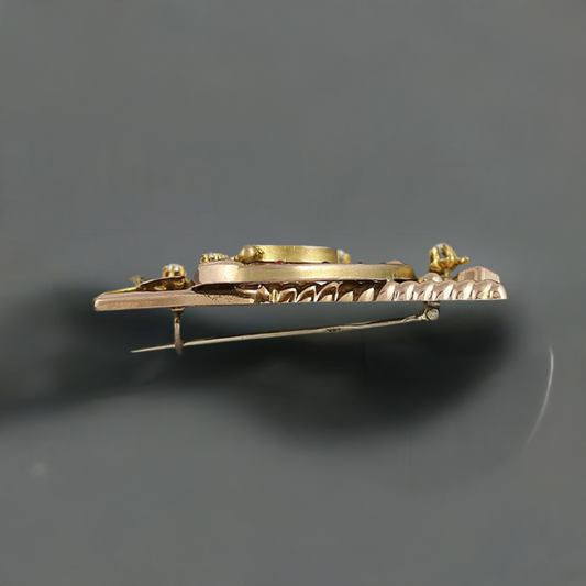 14K Gold Seed Pearl Ruby Painted Portrait Horseshoe Equestrian Brooch