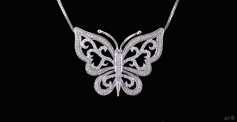 Asian Sterling Silver and Diamond-Studded Butterfly Necklace w/ Black Enamel