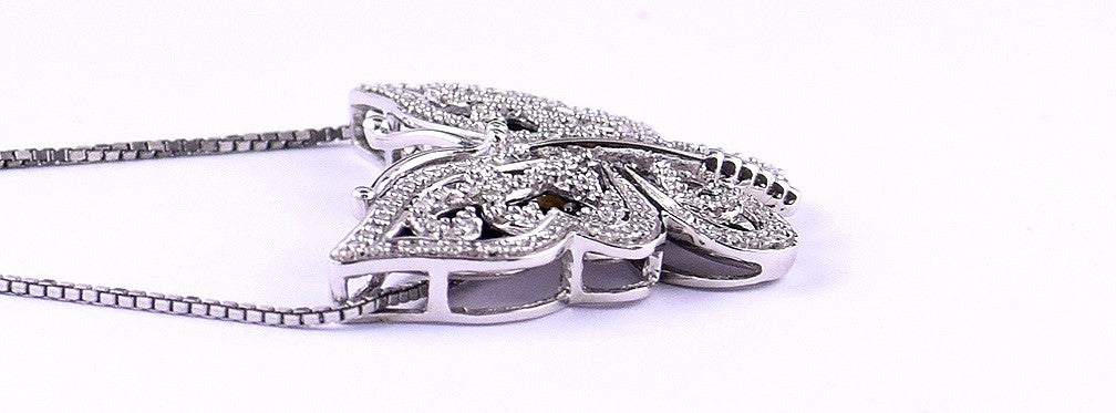 Asian Sterling Silver and Diamond-Studded Butterfly Necklace w/ Black Enamel