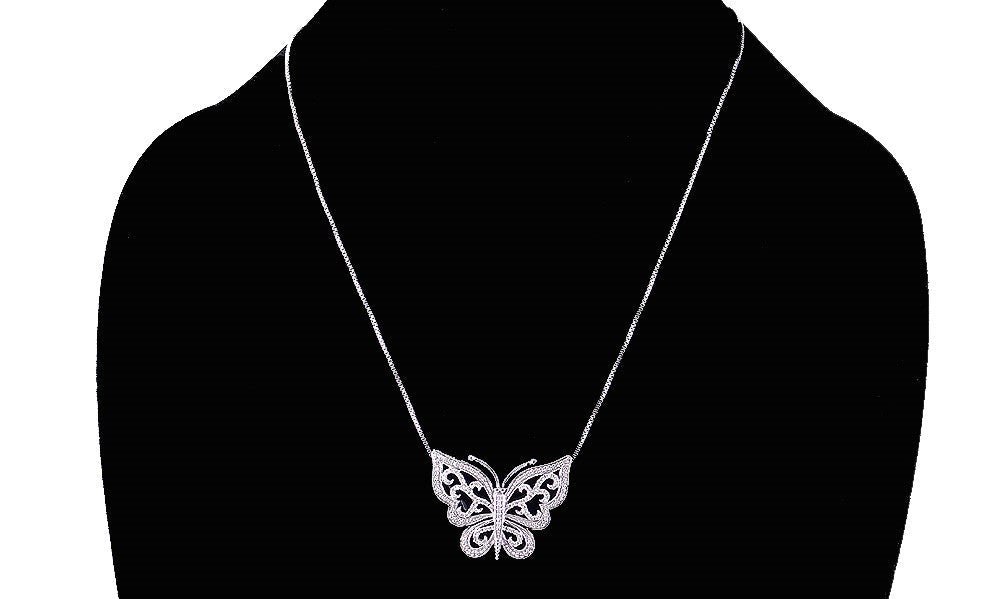 Asian Sterling Silver and Diamond-Studded Butterfly Necklace w/ Black Enamel