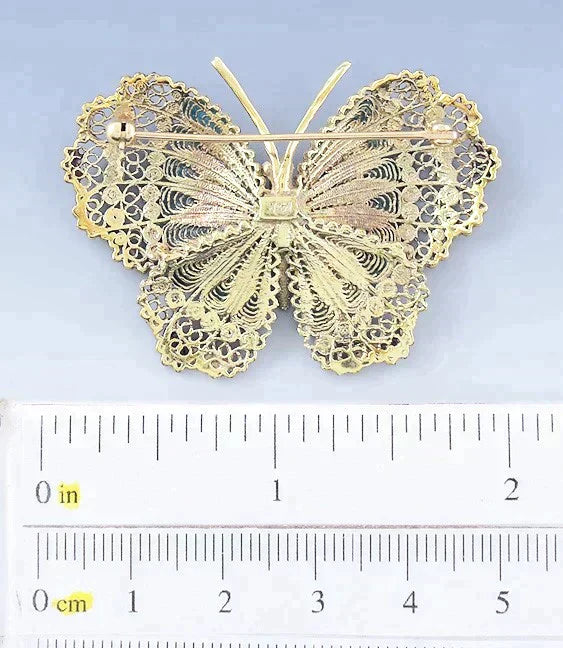 Stunning VTG 14k Gold Filigree & Colorful Enamel Butterfly Pin / Brooch