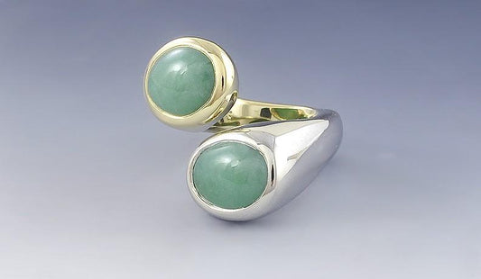 Superb 18k White and Yellow Gold Green Jadeite Jade Bypass Ring Heavy Setting