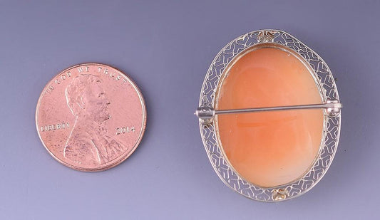 Sparkling Edwardian 10k White Gold Filigree Cameo Pin w/ Carved Woman Flowers