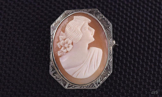 Lovely Old Edwardian 10k White Gold Carved Shell Cameo Lady Profile Pin