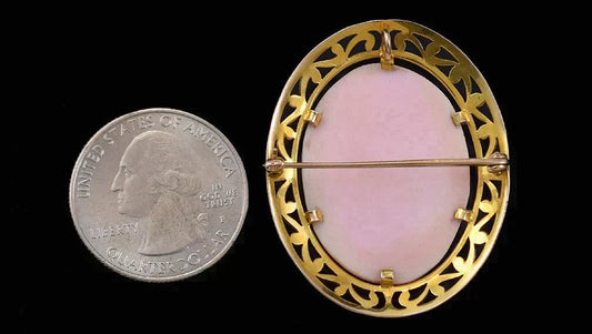 Art Deco 10k Yellow Gold Pierced Cameo Pin/Pendant w/ Carved Shell Woman Profile