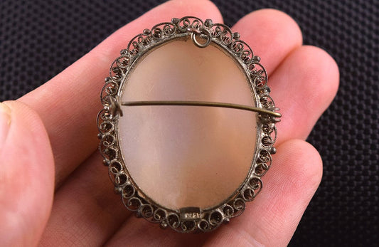 Nice Vintage 1930s-50s 800 Purity Silver Carved Shell Cameo Pin/Pendant of Woman