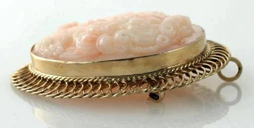 Pretty Modern 14k Gold Hand Carved Pink Coral Cameo Pin Brooch Pendant