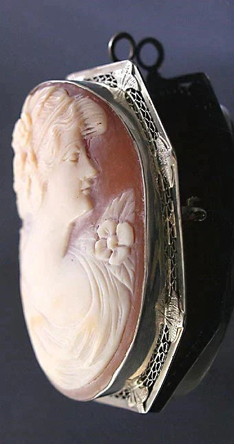 Lovely Victorian 14k White Gold Filigree Hand Carved Cameo Pin Brooch Pendant