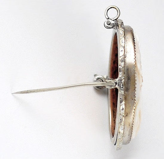 Pretty Antique Gold Tone Peach and Cream Female Italian Cameo Pendant or Pin