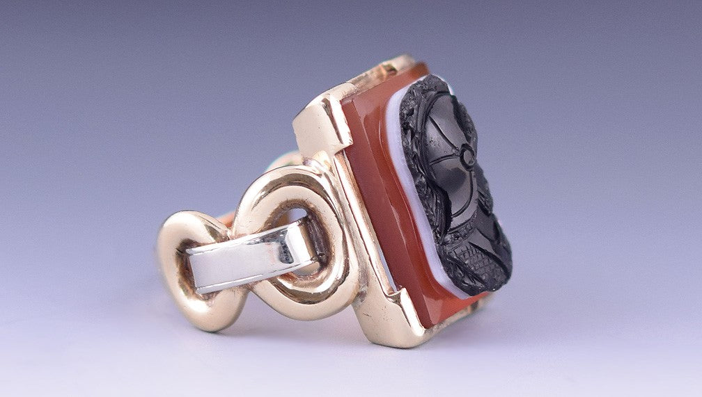 Stunning Antique 10k Yellow White Gold w/ Carved Cameo Ring of Warrior Size 8.5
