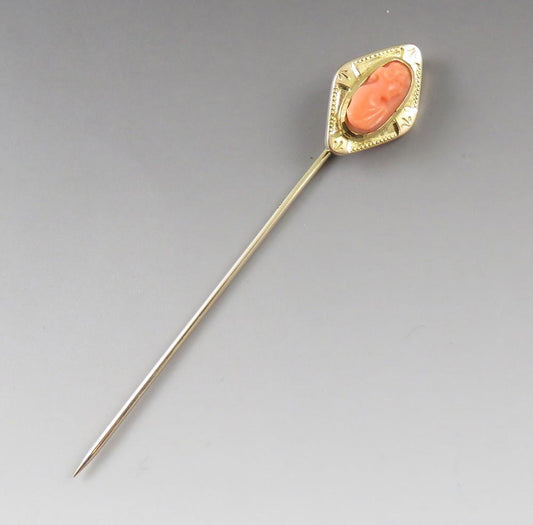 Antique c1910 American 10K Yellow Gold Natural Coral Carved Cameo Stick Pin