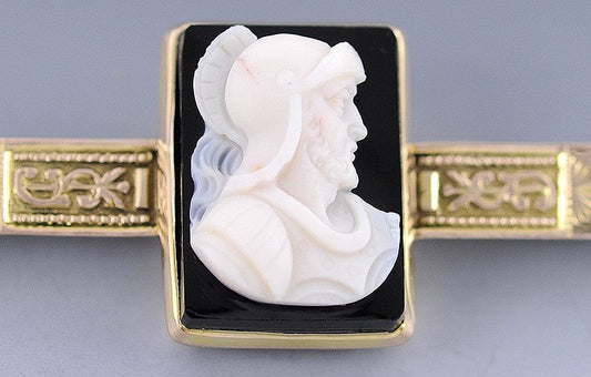 Fine Victorian Carved Roman Warrior Stone Cameo 10k Yellow Gold Bar Pin