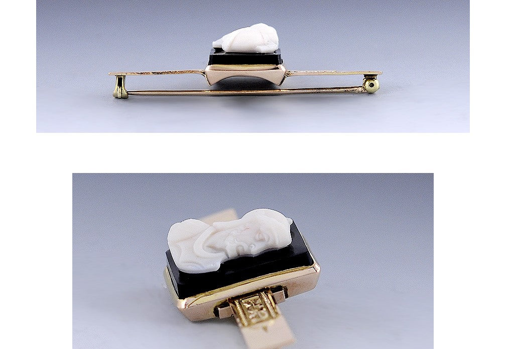 Fine Victorian Carved Roman Warrior Stone Cameo 10k Yellow Gold Bar Pin