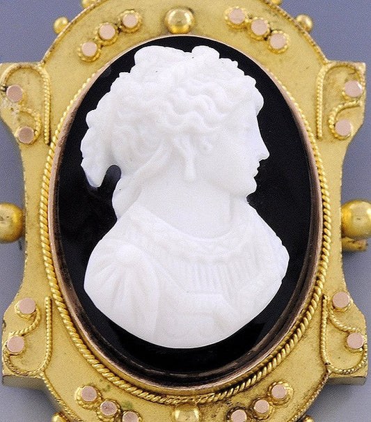 Victorian 14k Gold Onyx Cameo Of A Beautiful Woman Pendant Brooch Etruscan Style