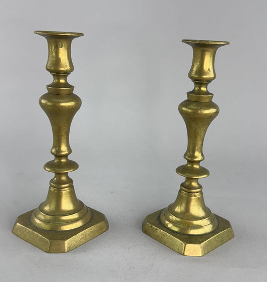 Handsome Pair c1850s English Victorian Brass Push Up Cut Corner Candlesticks