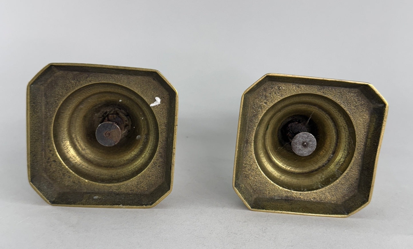 Handsome Pair c1850s English Victorian Brass Push Up Cut Corner Candlesticks