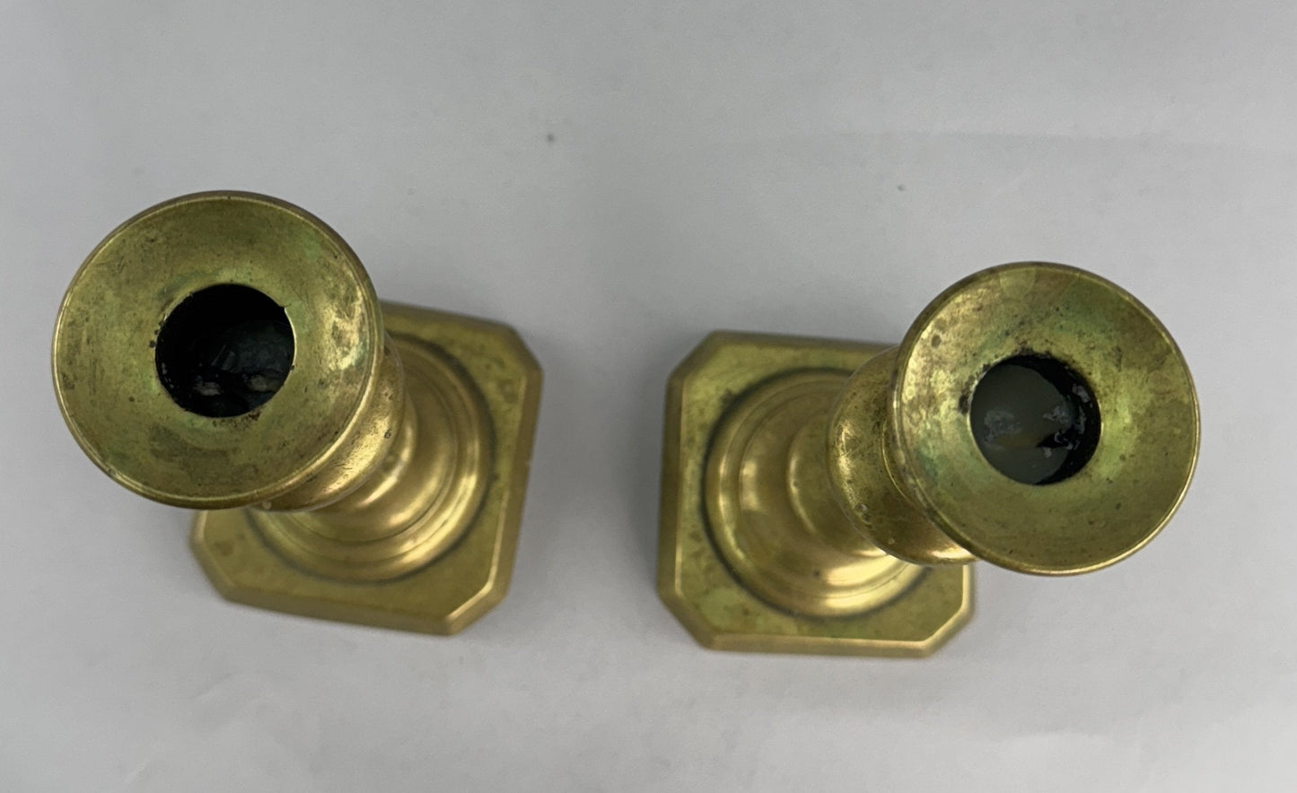 Handsome Pair c1850s English Victorian Brass Push Up Cut Corner Candlesticks