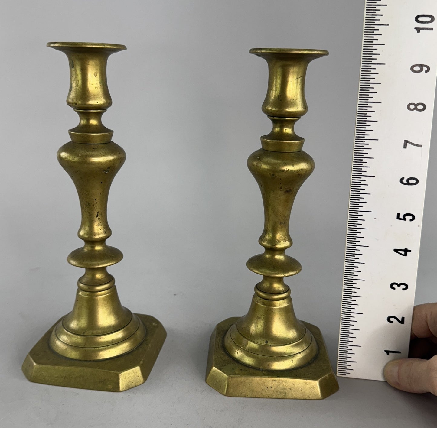 Handsome Pair c1850s English Victorian Brass Push Up Cut Corner Candlesticks