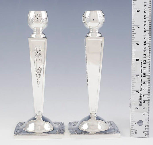 Pair Antique 1912 Gorham Sterling Silver Ribbon Bow Candlesticks 8"