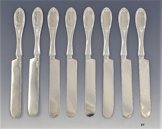 c1850 Fine Set 8 American Coin Silver Breakfast Knives by Hall Hewson & Brower