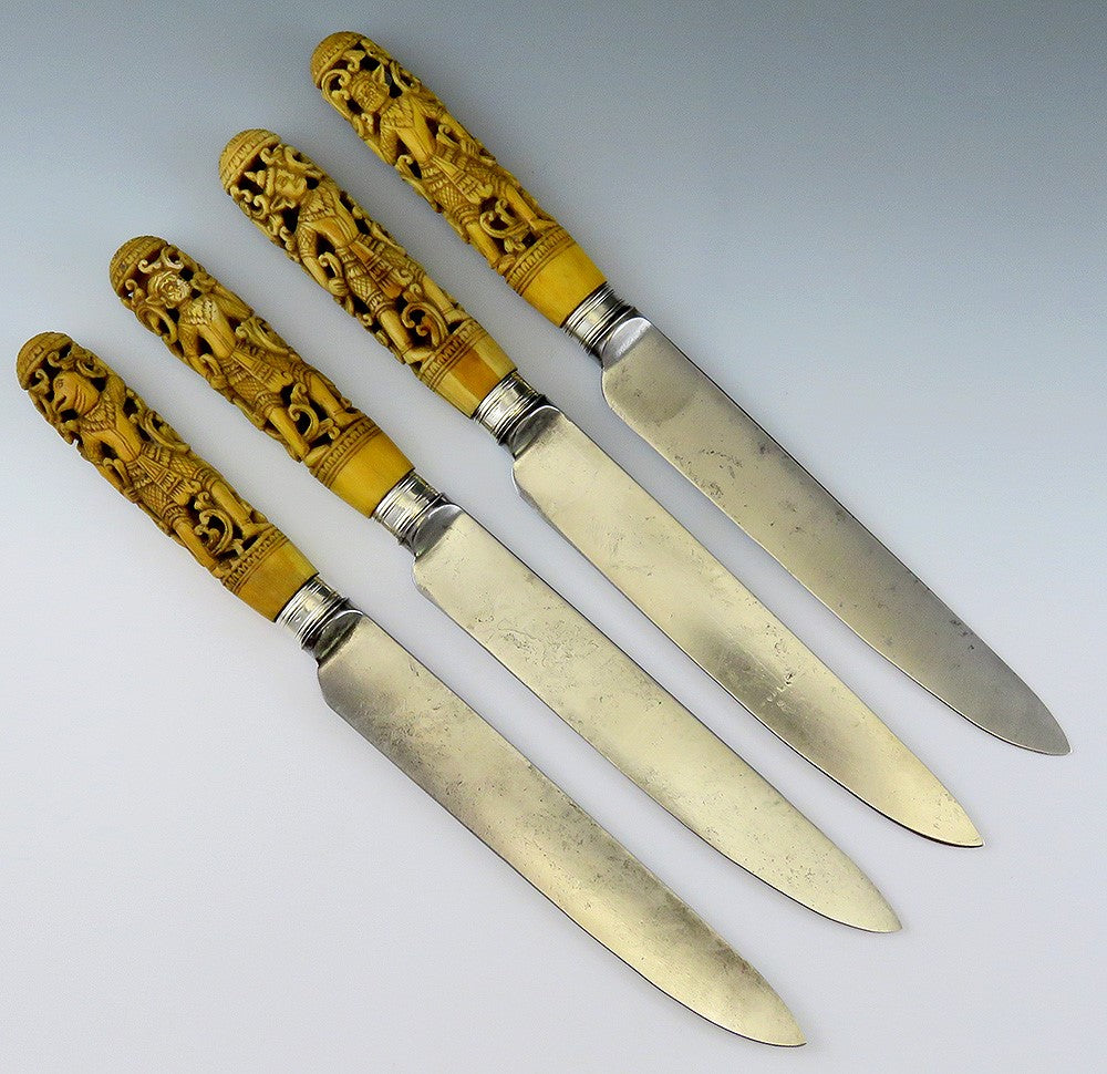 4 Antique Thai Hand Carved Stag Sheffield blades Knives10 3/4"