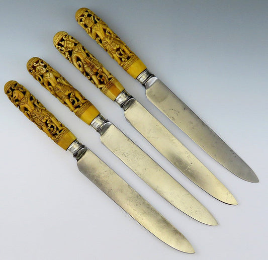 4 Antique Thai Hand Carved Stag Sheffield blades Knives10 3/4"