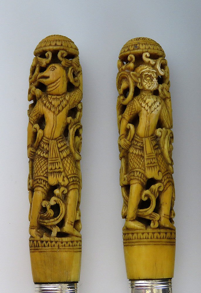 4 Antique Thai Hand Carved Stag Sheffield blades Knives10 3/4"