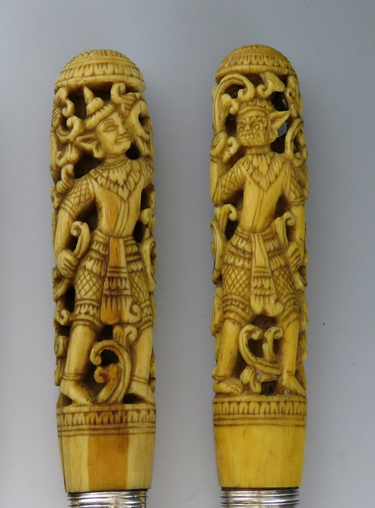 4 Antique Thai Hand Carved Stag Sheffield blades Knives10 3/4"