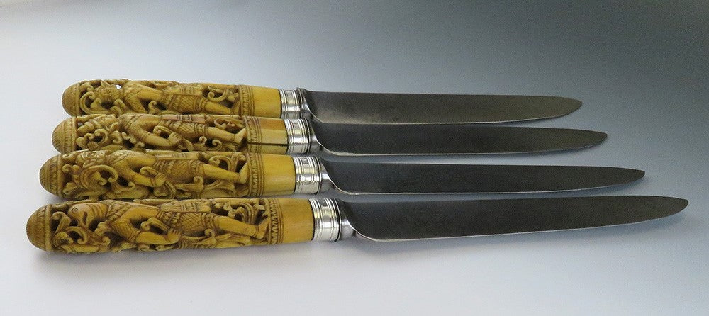 4 Antique Thai Hand Carved Stag Sheffield blades Knives10 3/4"
