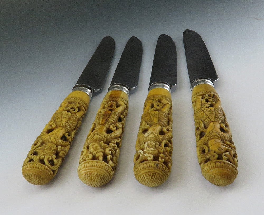 4 Antique Thai Hand Carved Stag Sheffield blades Knives10 3/4"