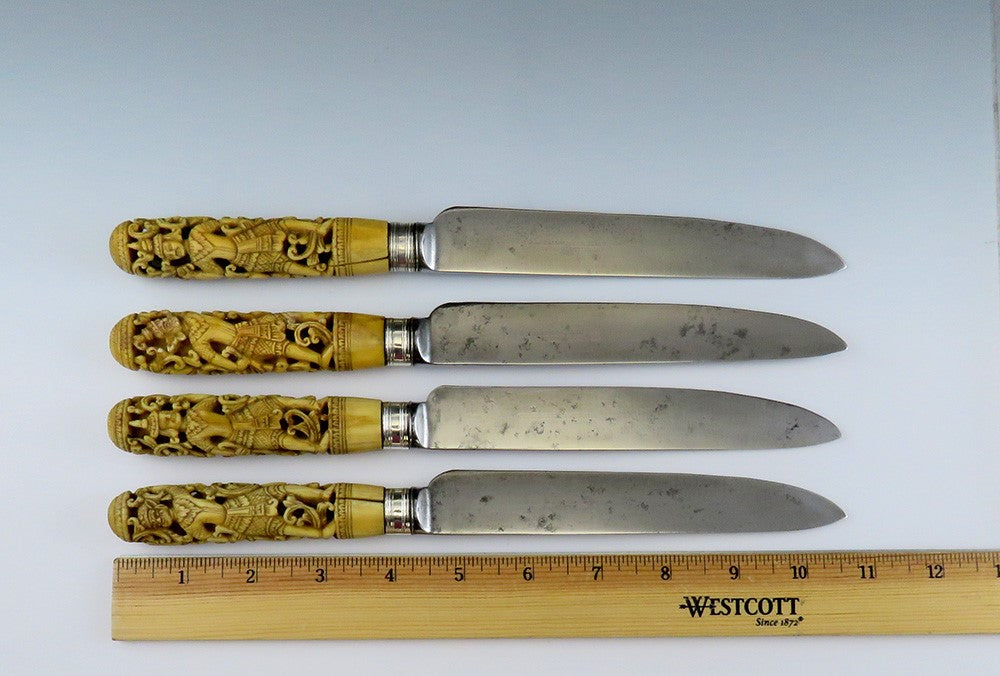 4 Antique Thai Hand Carved Stag Sheffield blades Knives10 3/4"