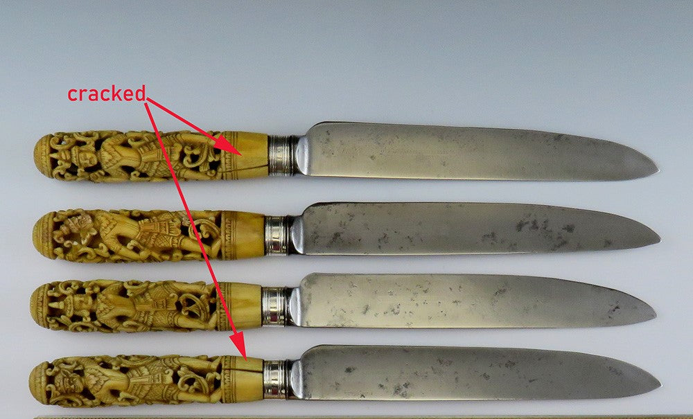 4 Antique Thai Hand Carved Stag Sheffield blades Knives10 3/4"